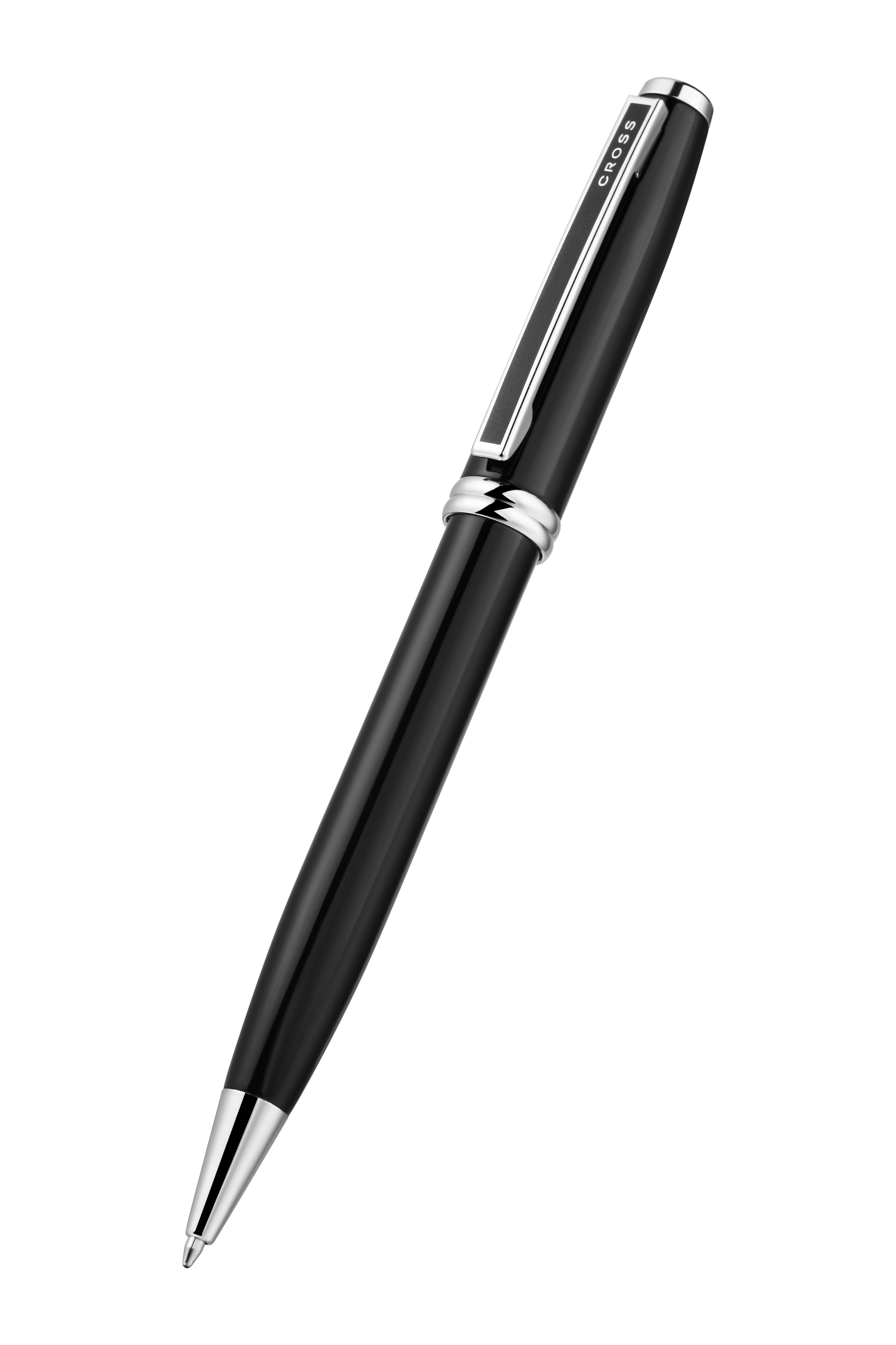 Sleek black pen with silver clip and tip, branded Cross, shown at a diagonal angle.